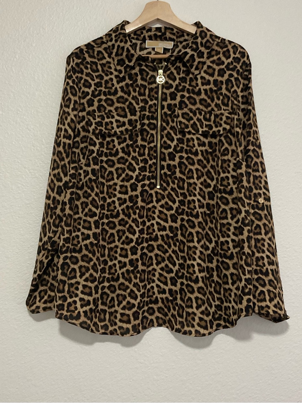 Leopard Print Zip-Front Women’s Blouse - Brown/Black